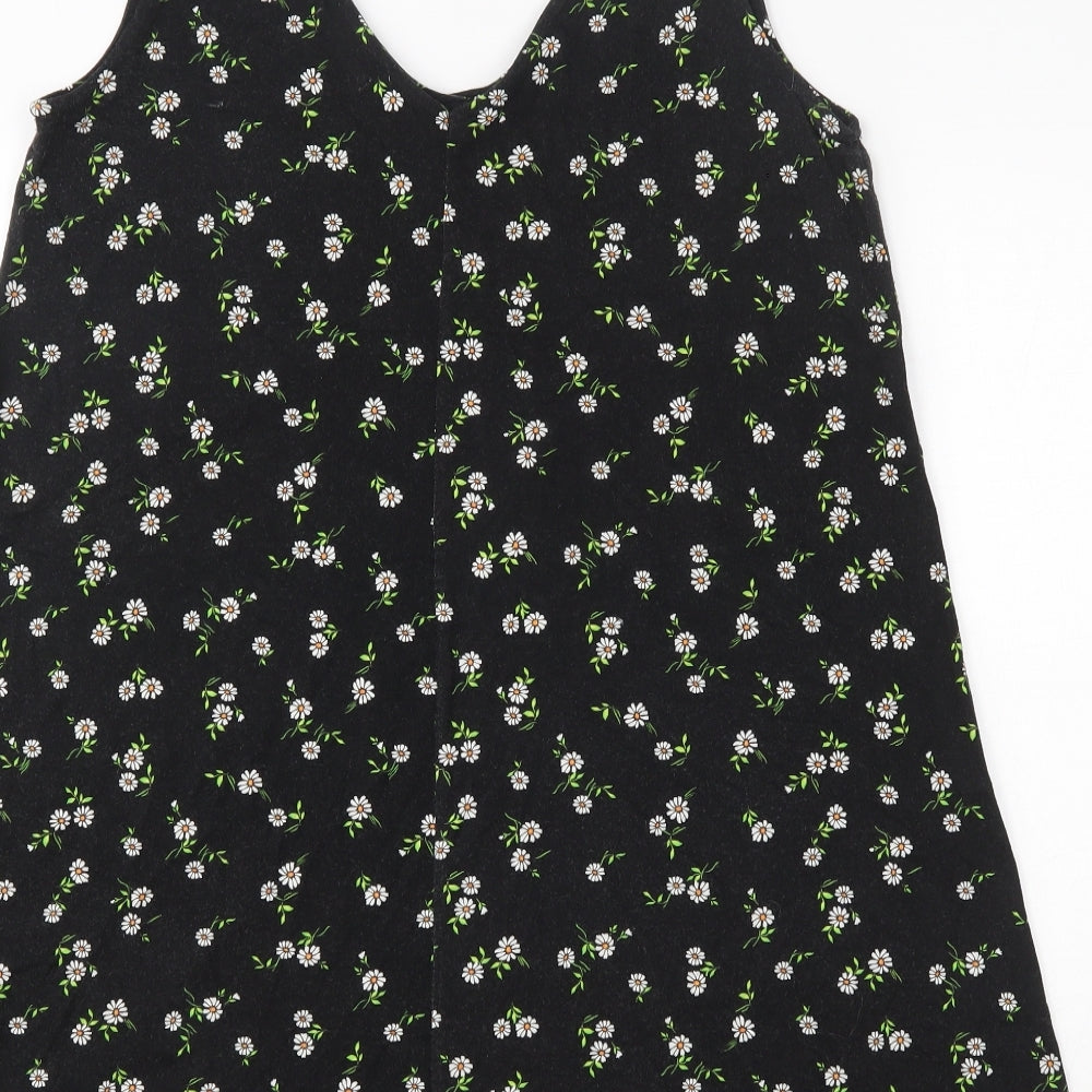 Pull&Bear Womens Black Floral Viscose Skater Dress  Size L  V-Neck Button