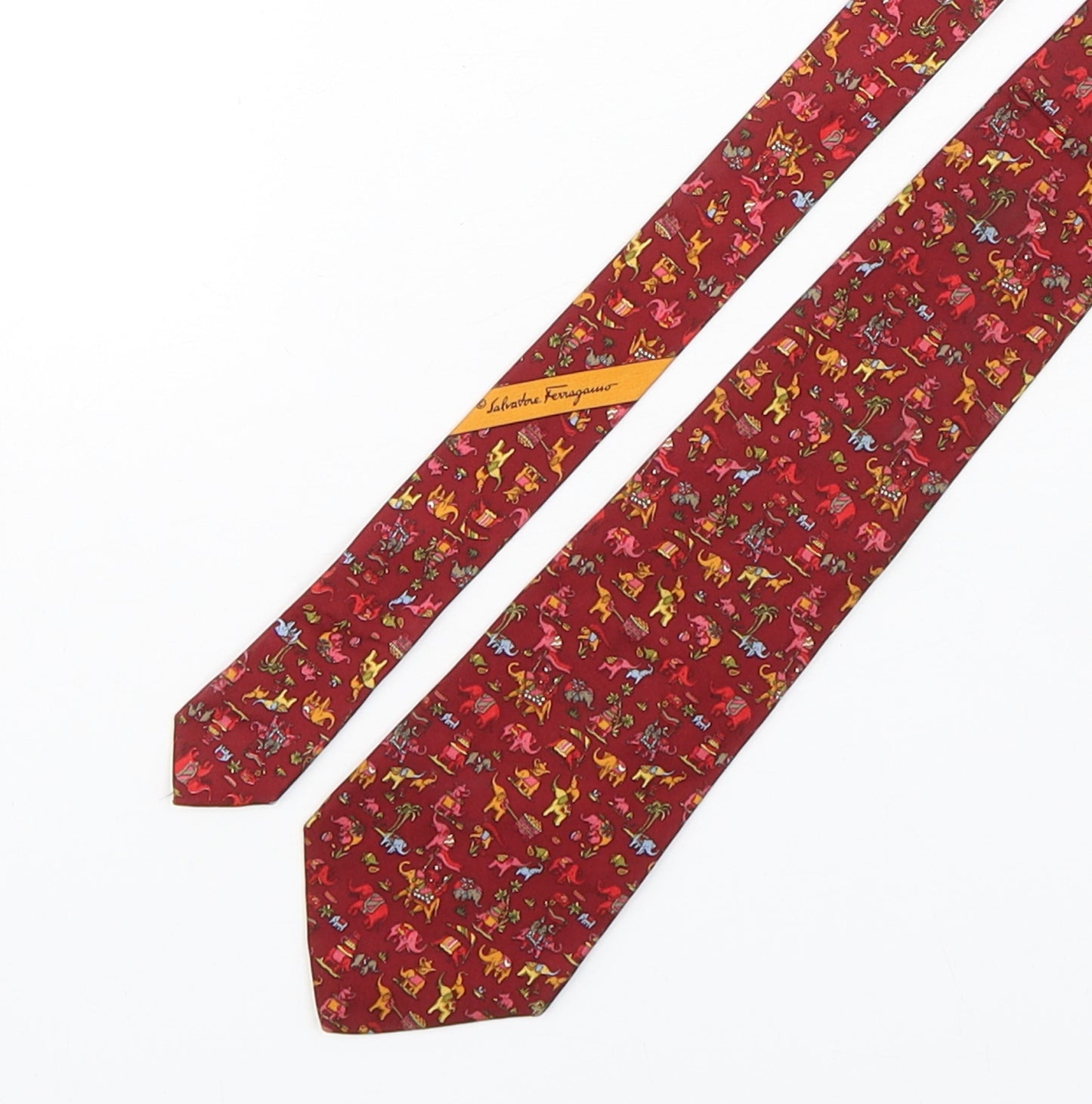 Salvatore Ferragamo  Mens Red Geometric Silk Pointed Tie One Size - Elephants