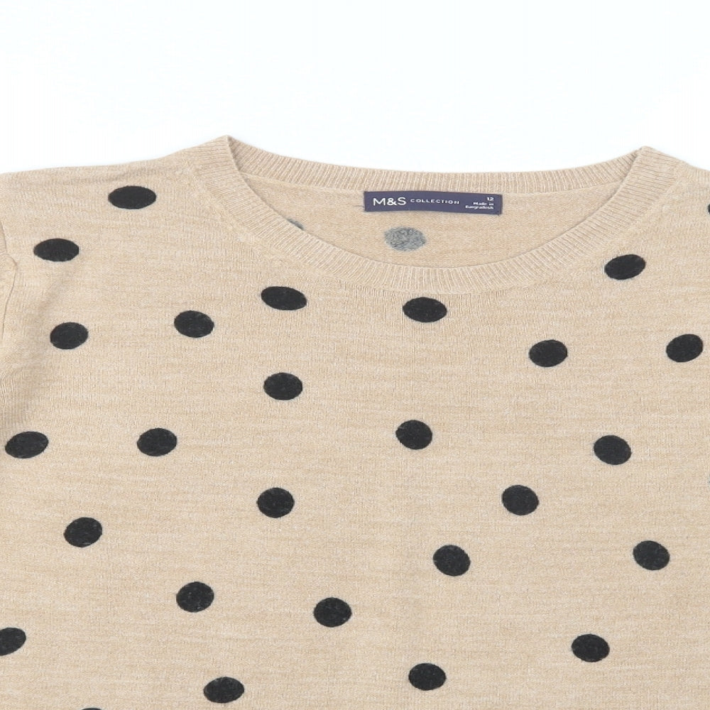 Marks and Spencer Womens Beige Crew Neck Polka Dot Acrylic Pullover Jumper Size 12