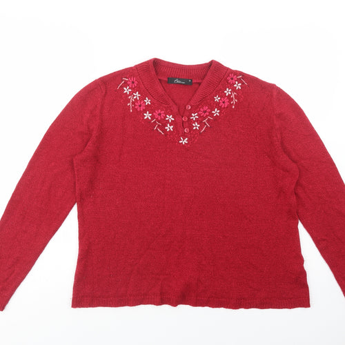 Bonmarché Womens Red V-Neck  Acrylic Pullover Jumper Size M