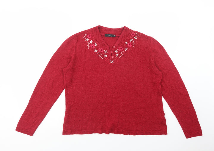 Bonmarché Womens Red V-Neck  Acrylic Pullover Jumper Size M