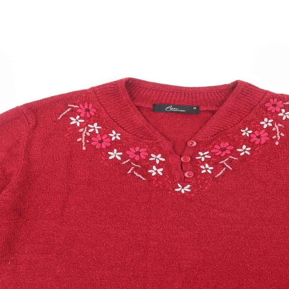 Bonmarché Womens Red V-Neck  Acrylic Pullover Jumper Size M
