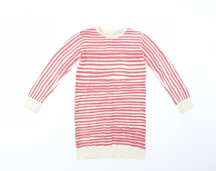 Indigo Girls Beige Crew Neck Striped Cotton Tunic Jumper Size 6-7 Years  Button