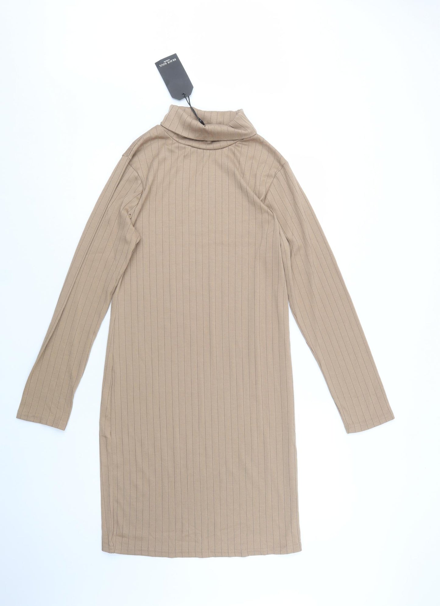Brave Soul Womens Beige  Cotton Jumper Dress  Size L  Roll Neck Pullover
