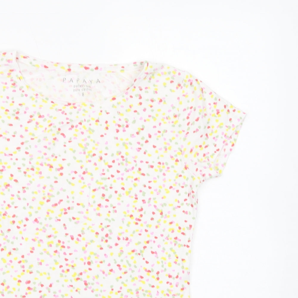 Papaya Womens White Animal Print Cotton Basic T-Shirt Size 8 Crew Neck