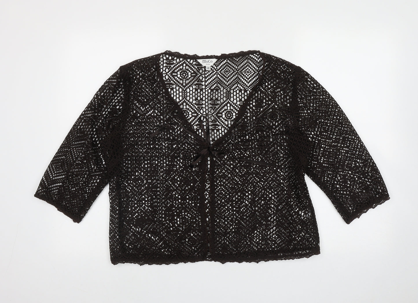 M&Co Womens Brown V-Neck Geometric Polyester Cardigan Jumper Size 18   - Tie front