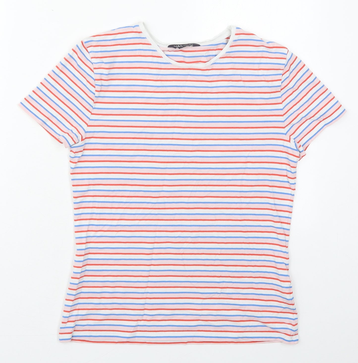 Marks and Spencer Womens Pink Striped Cotton Basic T-Shirt Size 10 Crew Neck