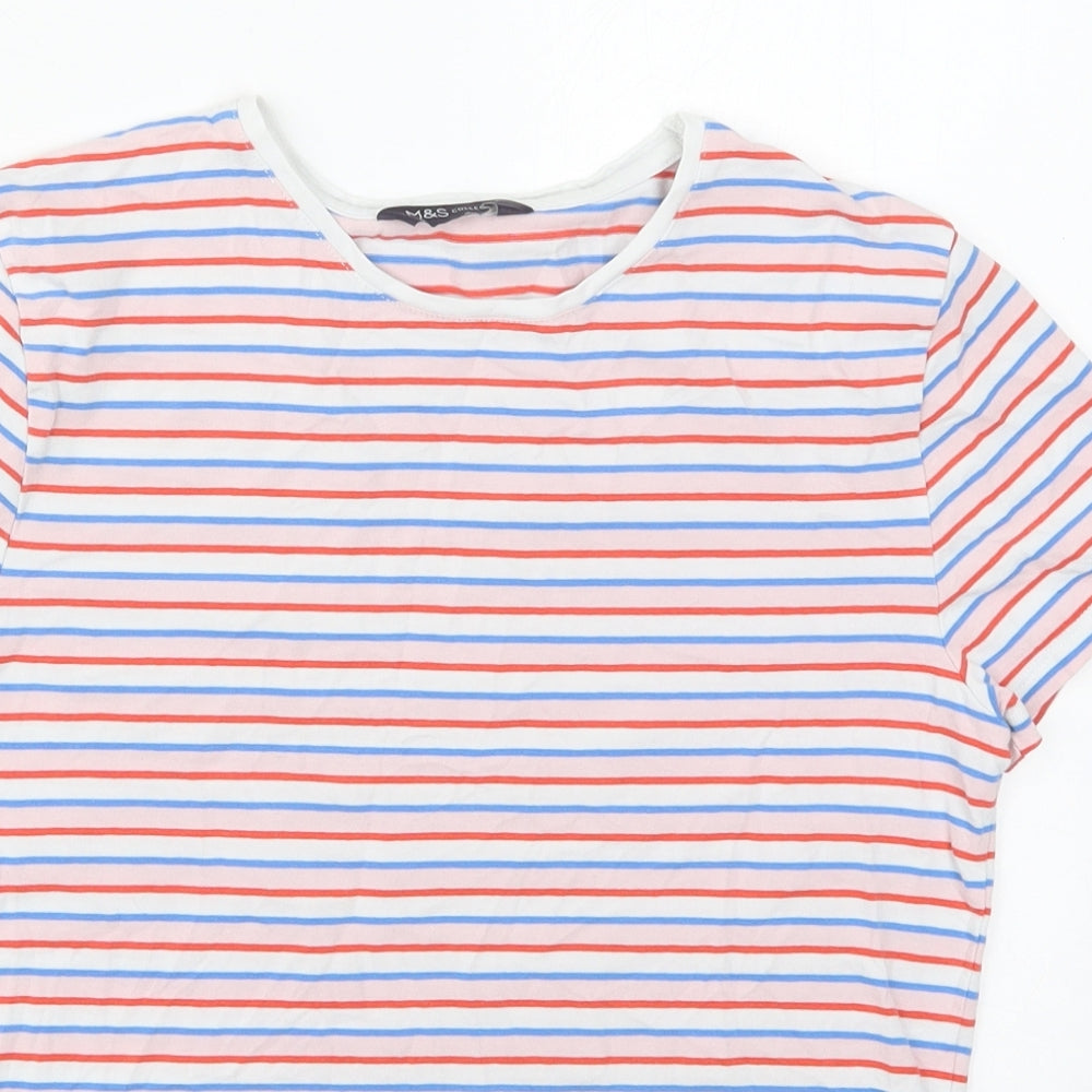 Marks and Spencer Womens Pink Striped Cotton Basic T-Shirt Size 10 Crew Neck