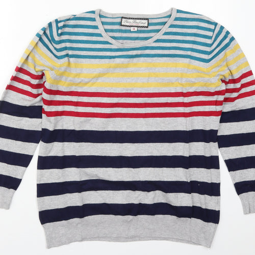 Paco Boutique Womens Grey Crew Neck Striped Viscose Pullover Jumper Size 14   - Red Yellow and Blue Stripes