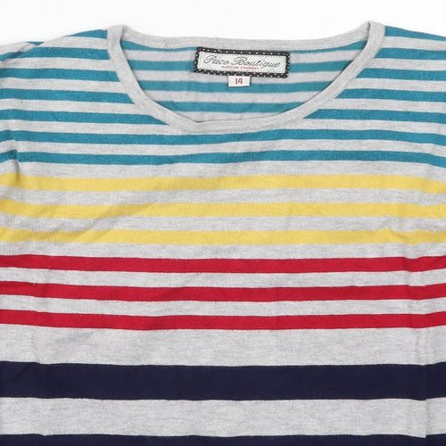 Paco Boutique Womens Grey Crew Neck Striped Viscose Pullover Jumper Size 14   - Red Yellow and Blue Stripes