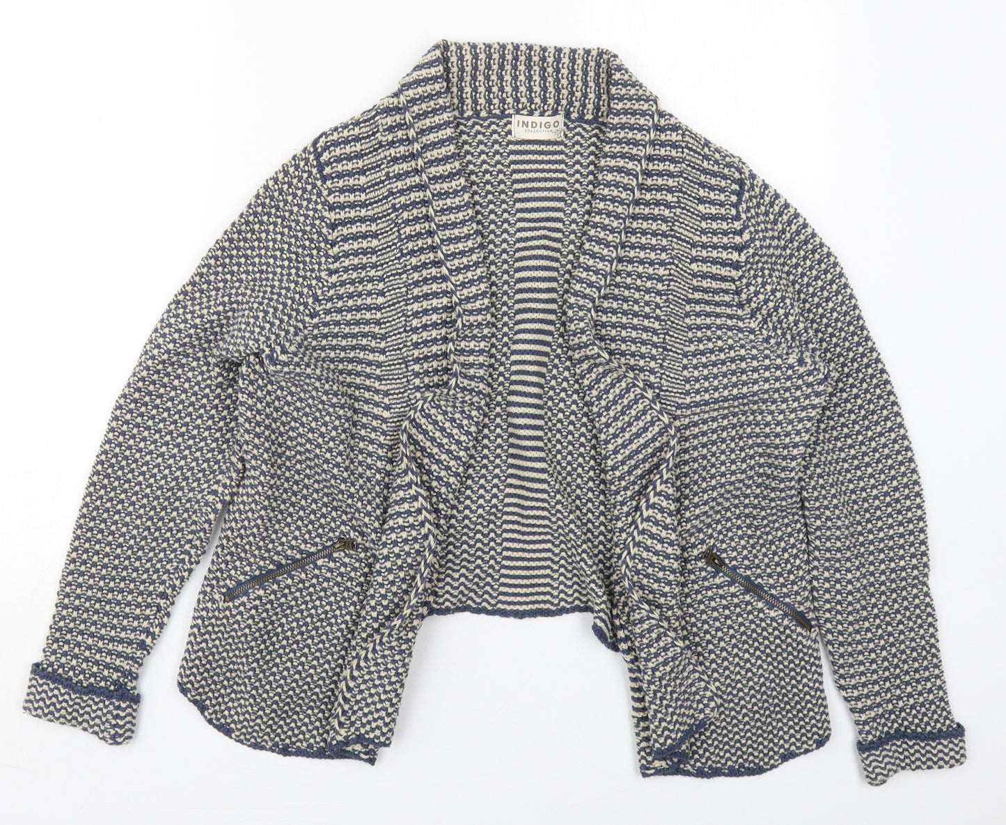 Marks and Spencer Womens Blue Collared Geometric Cotton Cardigan Jumper Size 14