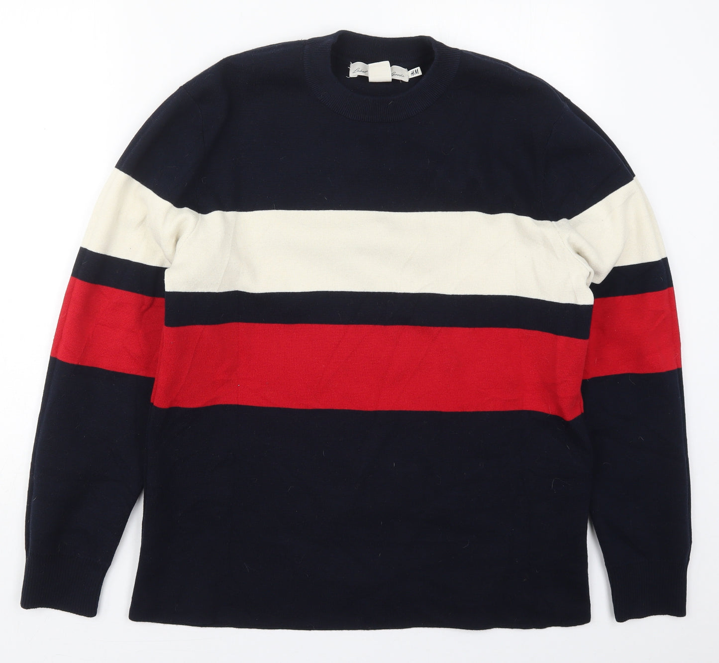 H&M Mens Blue Crew Neck Striped Cotton Pullover Jumper Size M   - Red