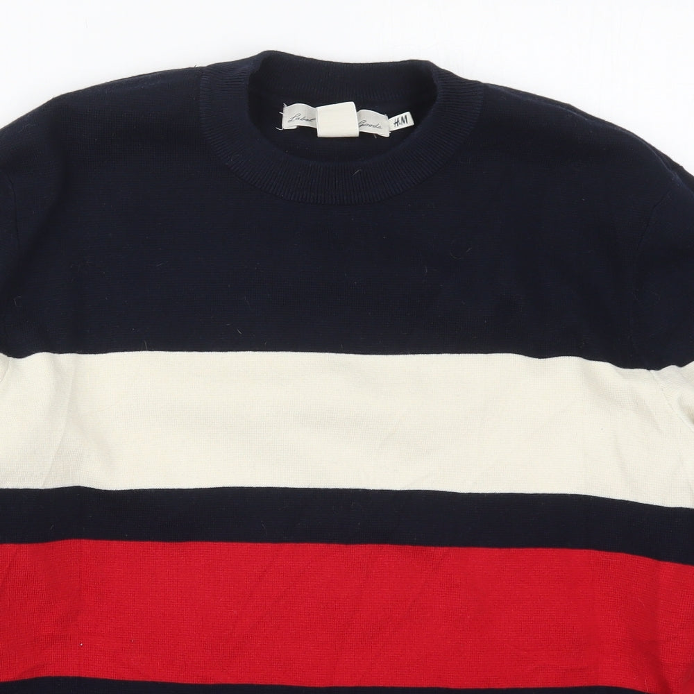 H&M Mens Blue Crew Neck Striped Cotton Pullover Jumper Size M   - Red