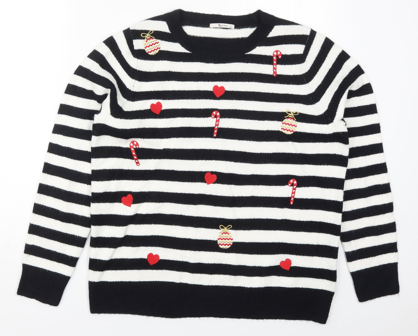 TU Womens Black Crew Neck Striped Acrylic Pullover Jumper Size 16   - Christmas Prints
