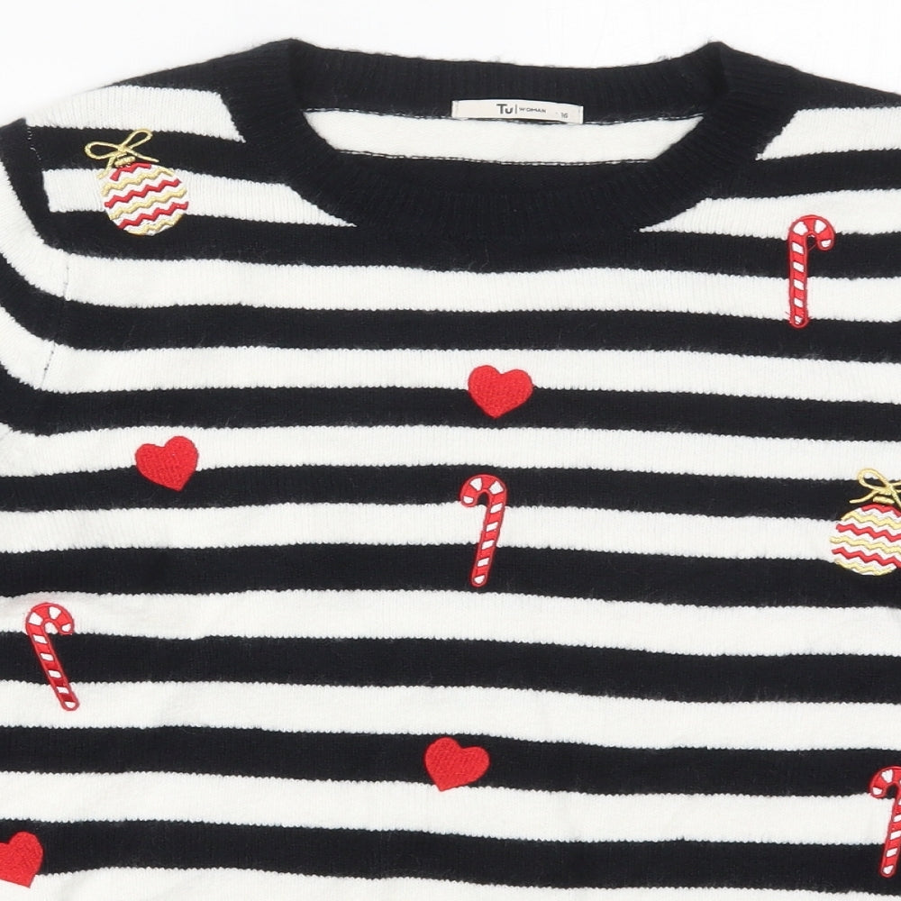 TU Womens Black Crew Neck Striped Acrylic Pullover Jumper Size 16   - Christmas Prints