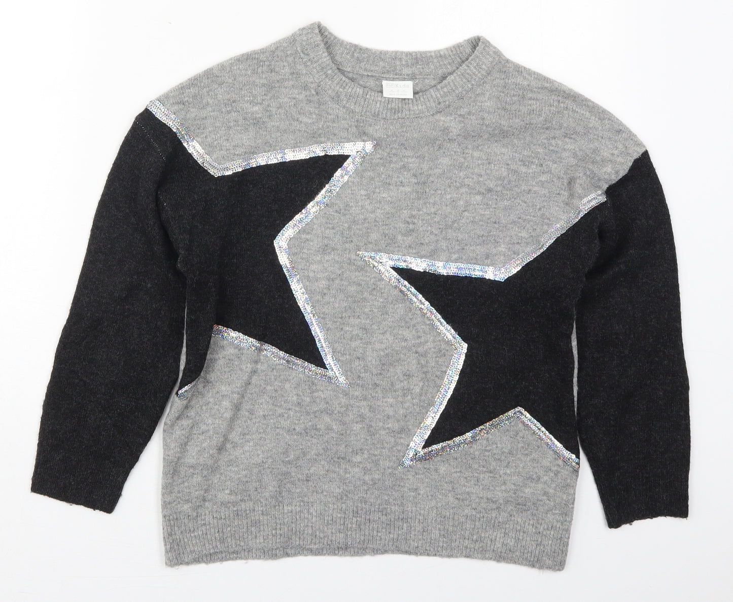 F&F Girls Grey Crew Neck  Acrylic Pullover Jumper Size 9-10 Years  Pullover - Stars