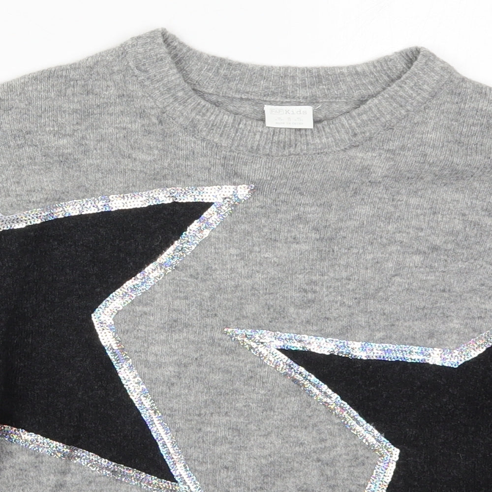 F&F Girls Grey Crew Neck  Acrylic Pullover Jumper Size 9-10 Years  Pullover - Stars