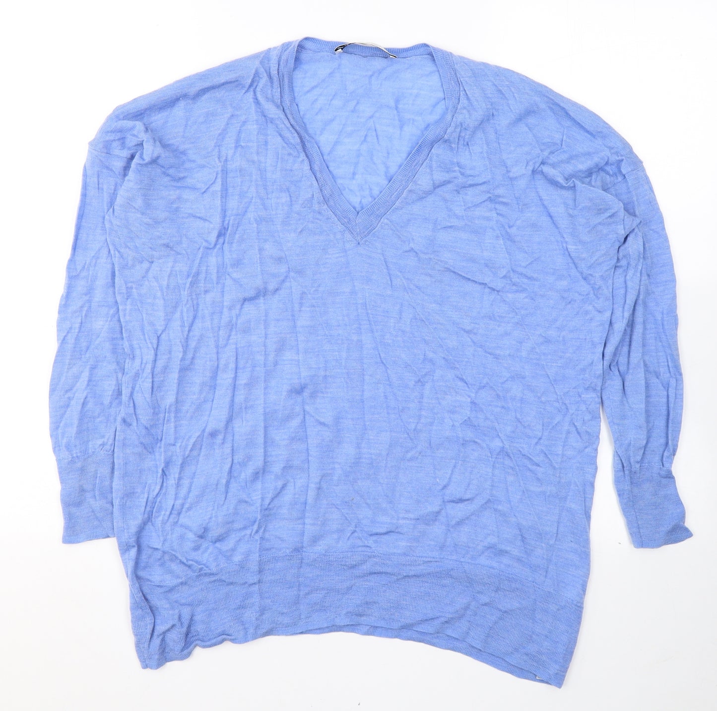 Zara Womens Blue  Wool Jersey T-Shirt Size S V-Neck