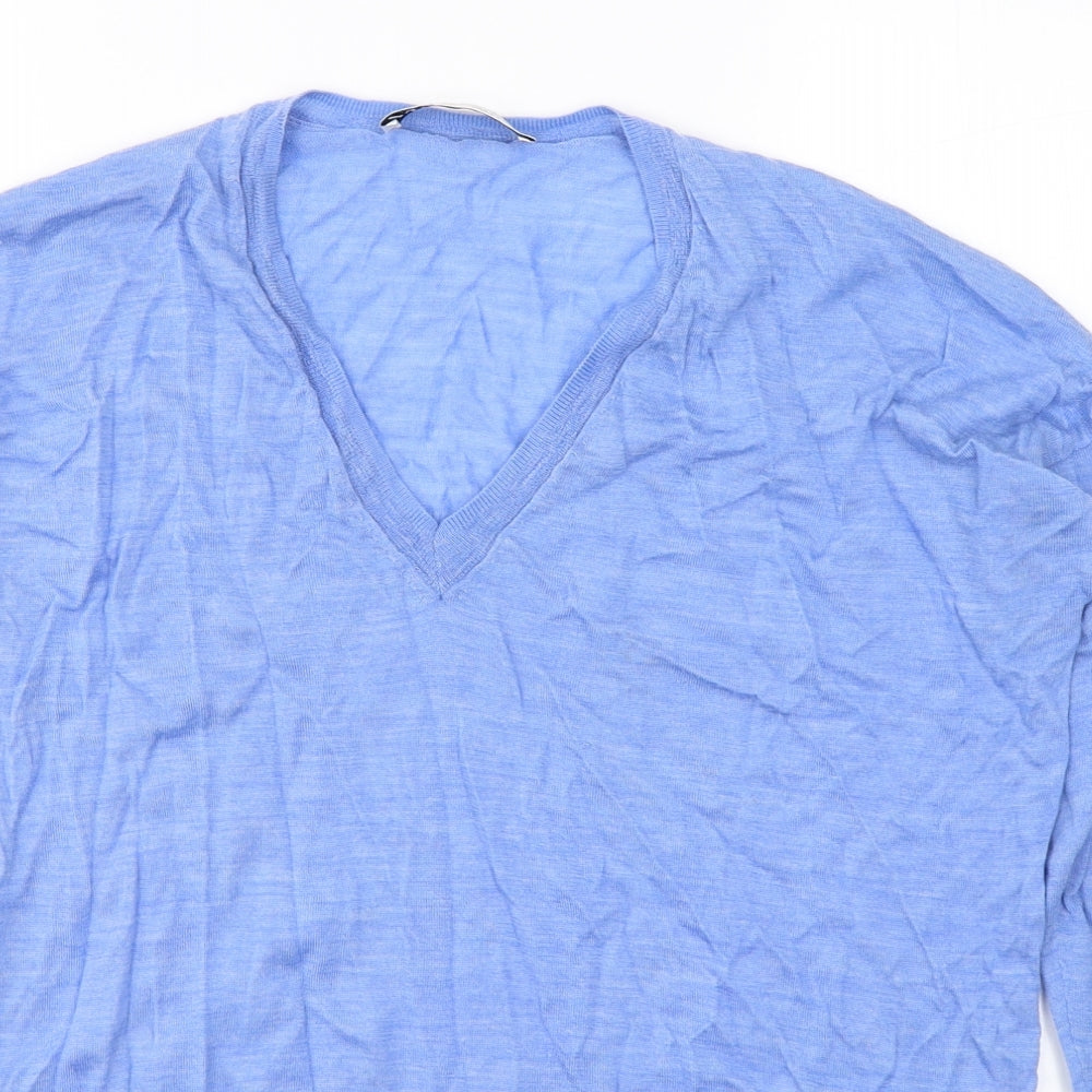 Zara Womens Blue  Wool Jersey T-Shirt Size S V-Neck