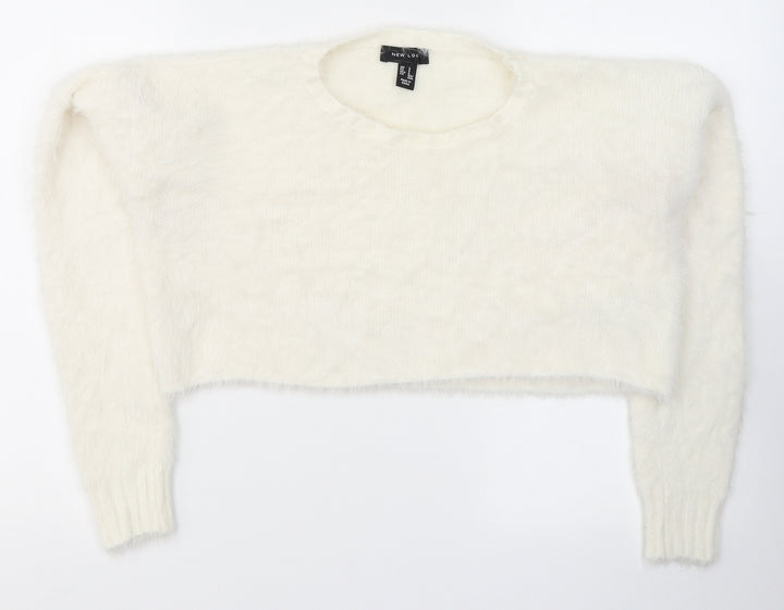 New Look Womens White Nylon Cropped Blouse Size S Round Neck