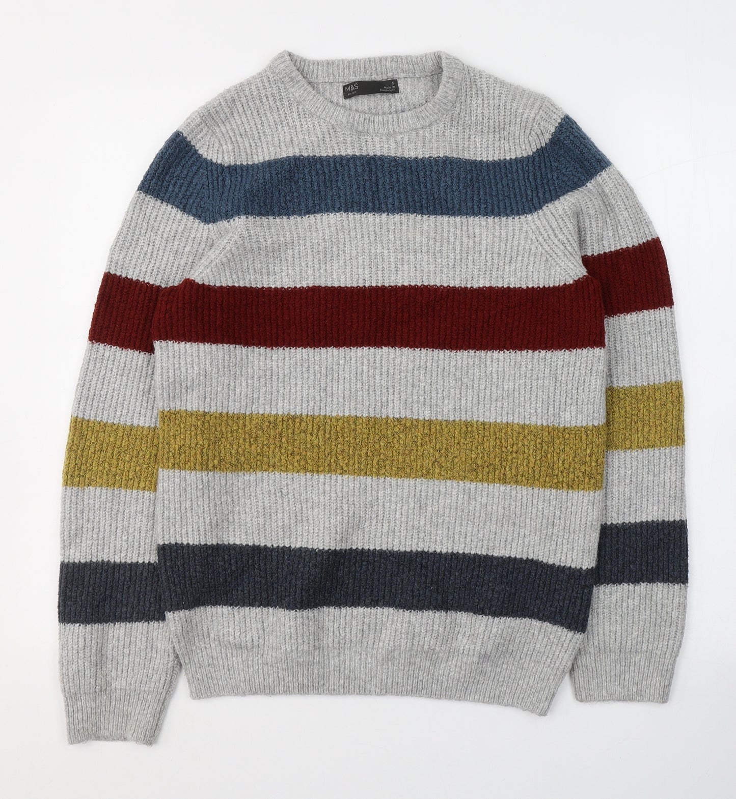 Marks and Spencer Mens Grey Round Neck Striped Acrylic Pullover Jumper Size S