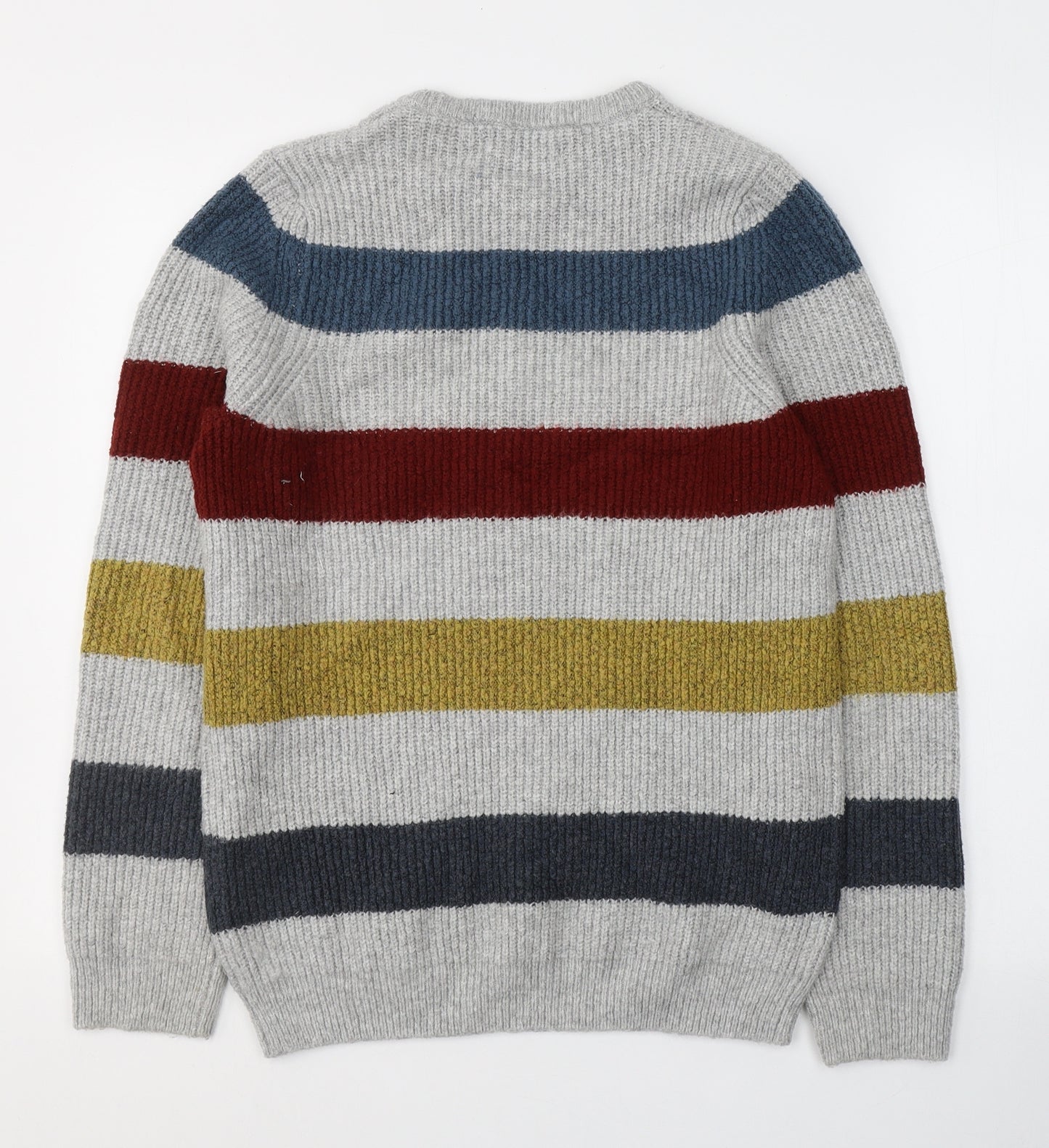 Marks and Spencer Mens Grey Round Neck Striped Acrylic Pullover Jumper Size S