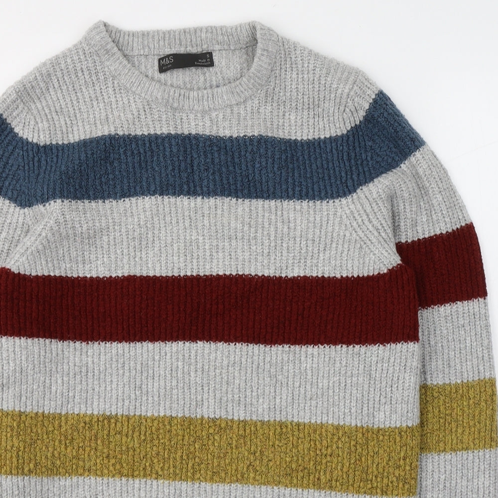 Marks and Spencer Mens Grey Round Neck Striped Acrylic Pullover Jumper Size S