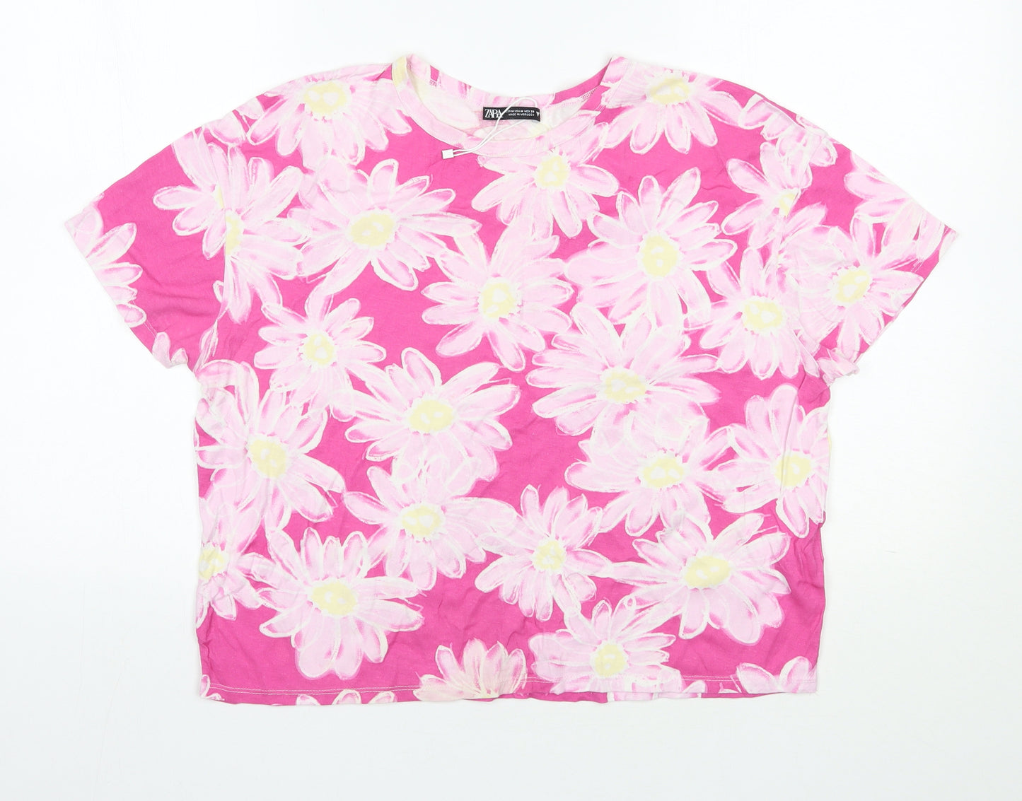 Zara Womens Pink Floral Cotton Basic T-Shirt Size M Round Neck