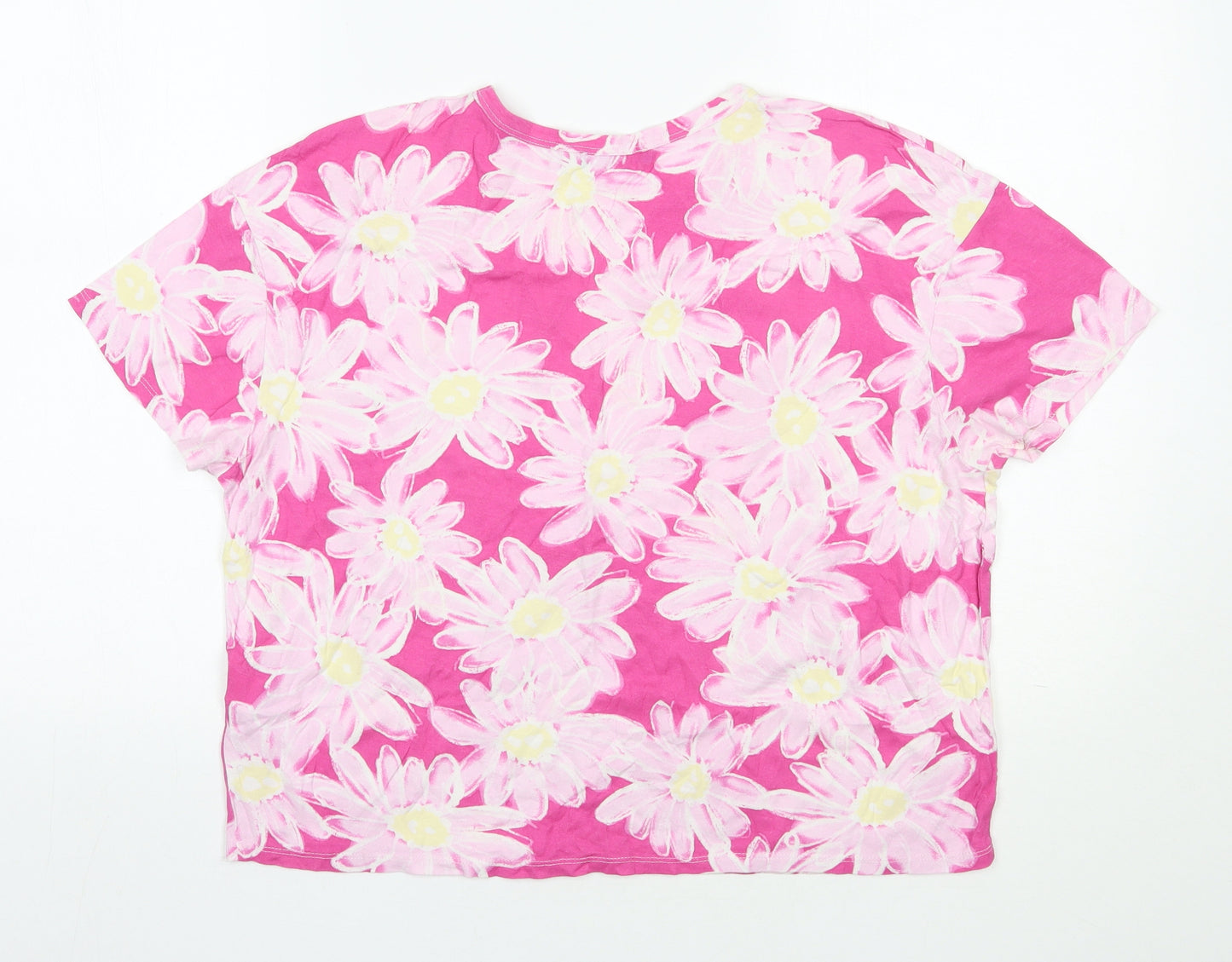 Zara Womens Pink Floral Cotton Basic T-Shirt Size M Round Neck