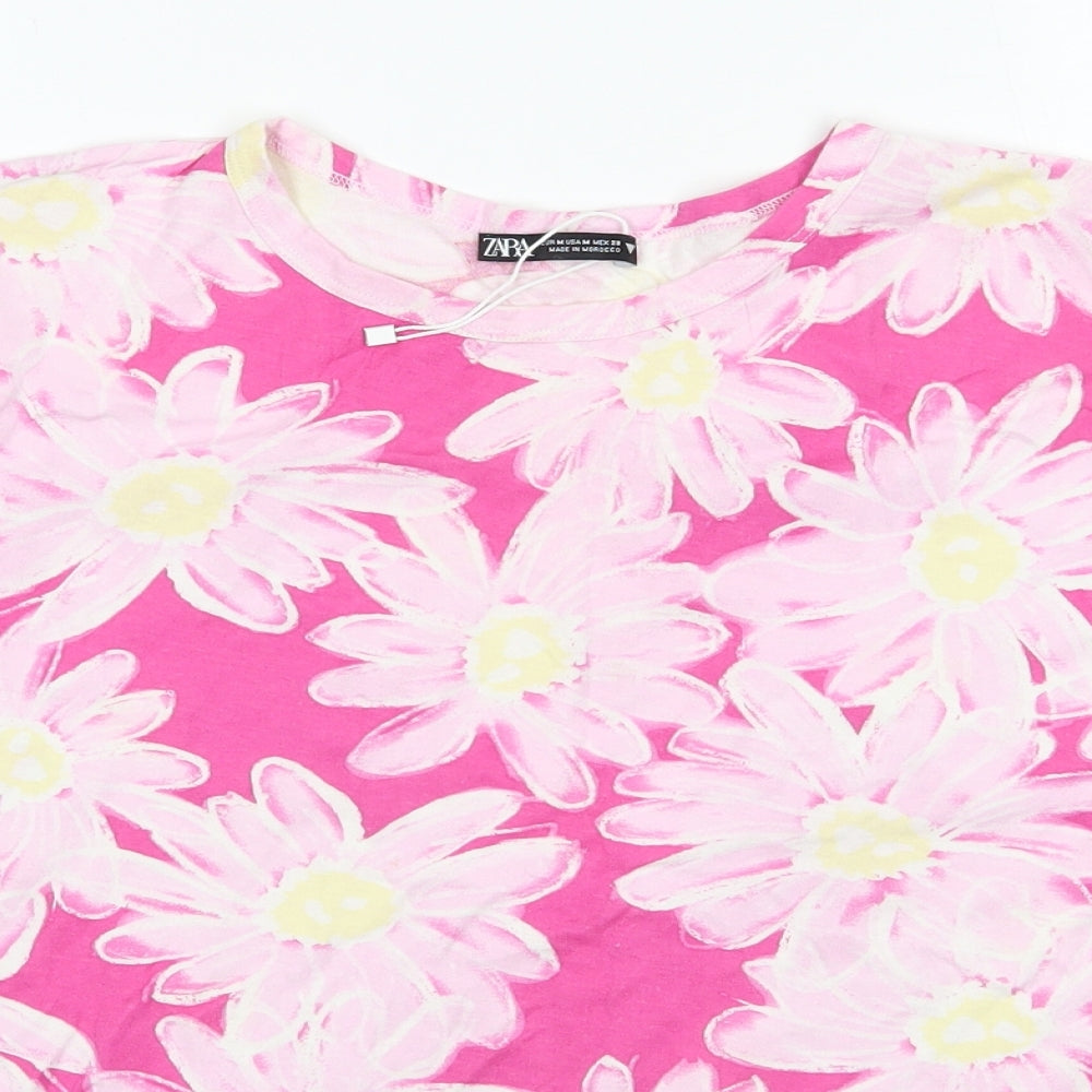 Zara Womens Pink Floral Cotton Basic T-Shirt Size M Round Neck