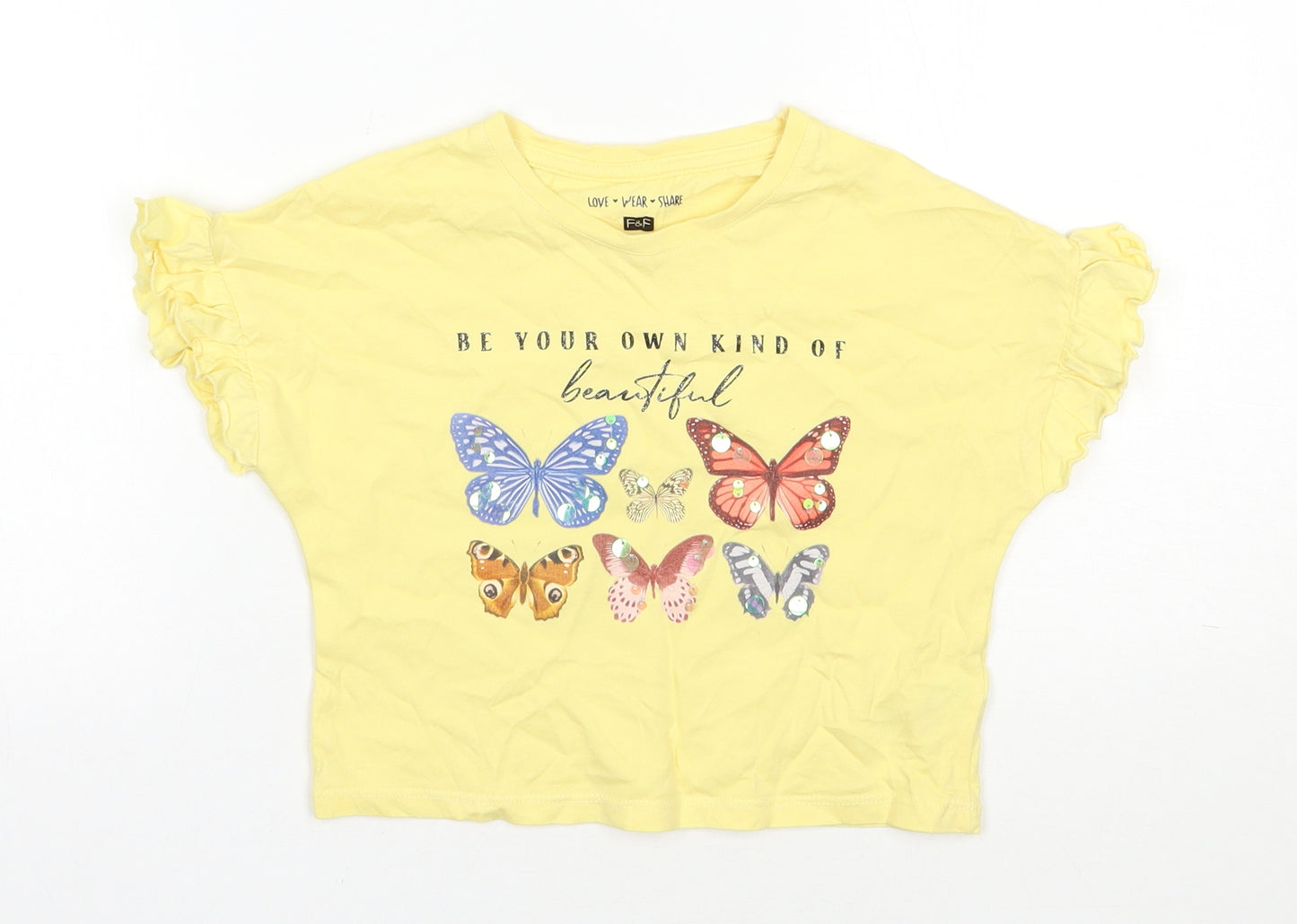 F&F Girls Yellow  Cotton Basic T-Shirt Size 4-5 Years Round Neck Pullover