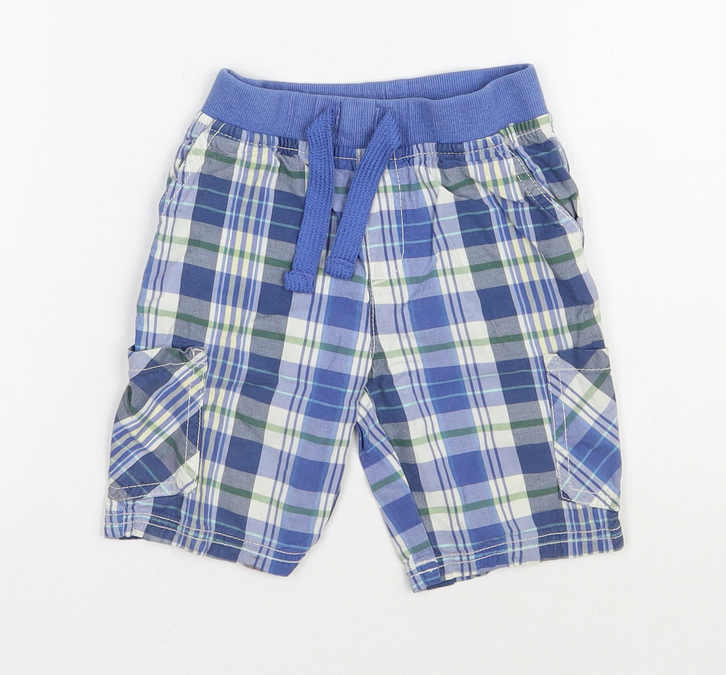 Nutmeg Boys Blue Plaid Cotton Cargo Trousers Size 18-24 Months  Drawstring