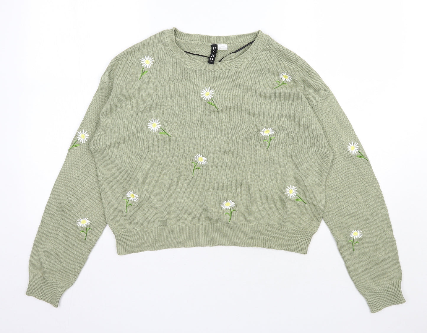 H&M Womens Green Round Neck Floral Cotton Pullover Jumper Size M