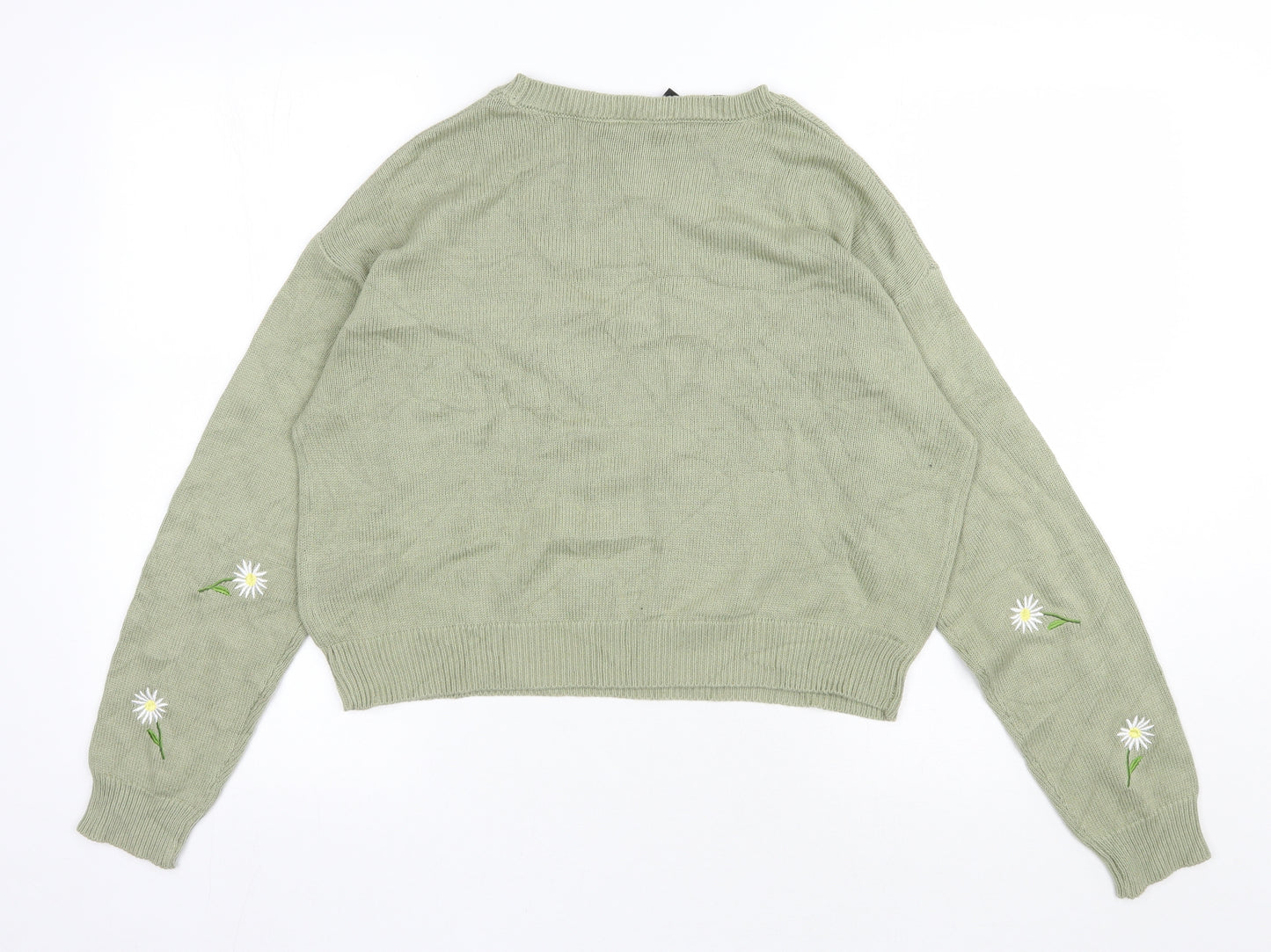 H&M Womens Green Round Neck Floral Cotton Pullover Jumper Size M