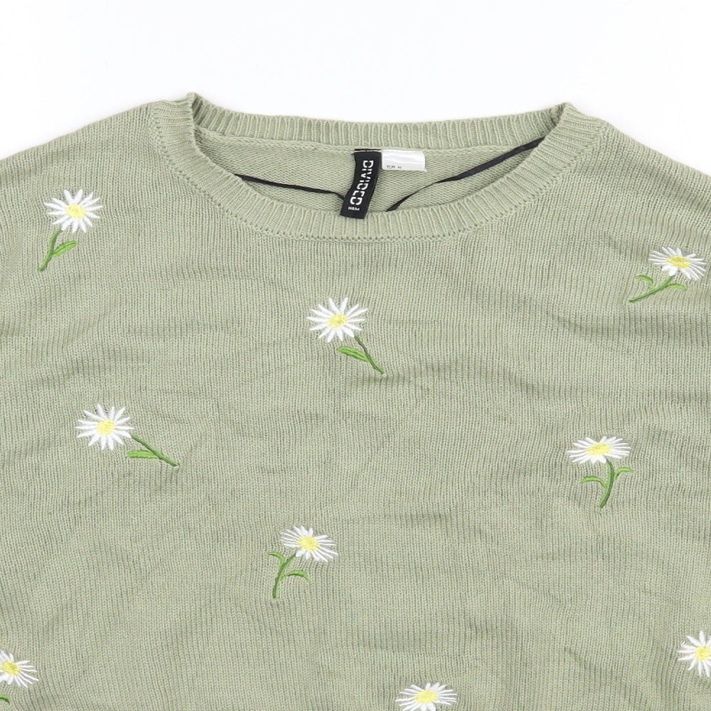 H&M Womens Green Round Neck Floral Cotton Pullover Jumper Size M