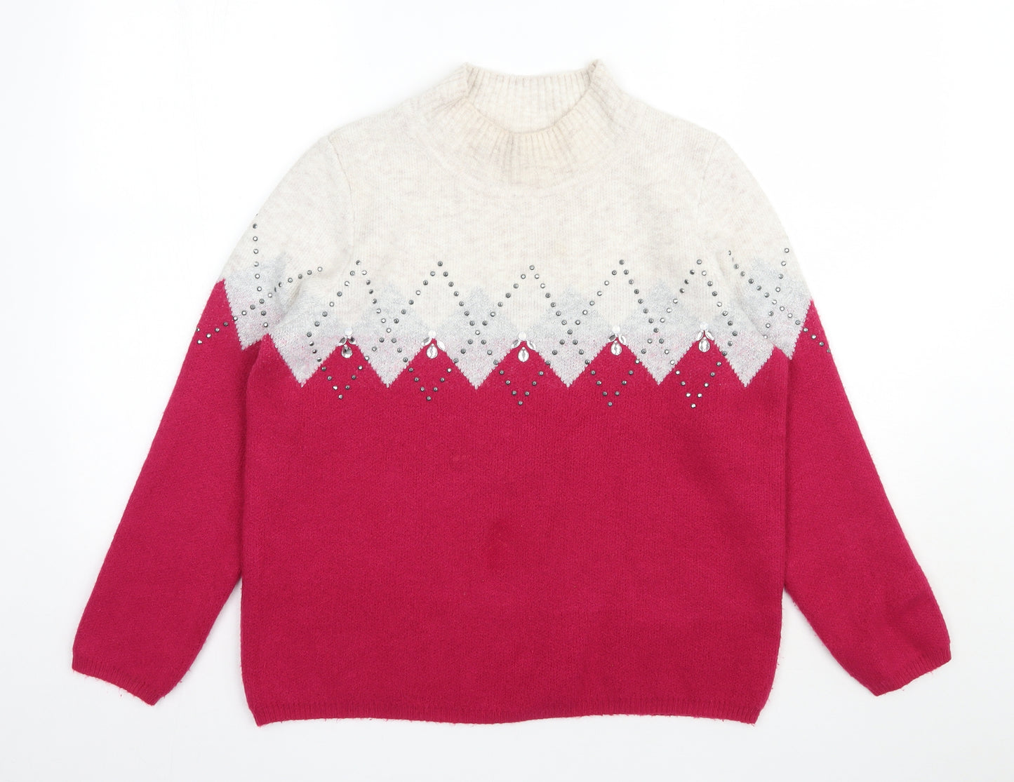 Marks and Spencer Womens Pink High Neck Argyle/Diamond Acrylic Pullover Jumper Size M