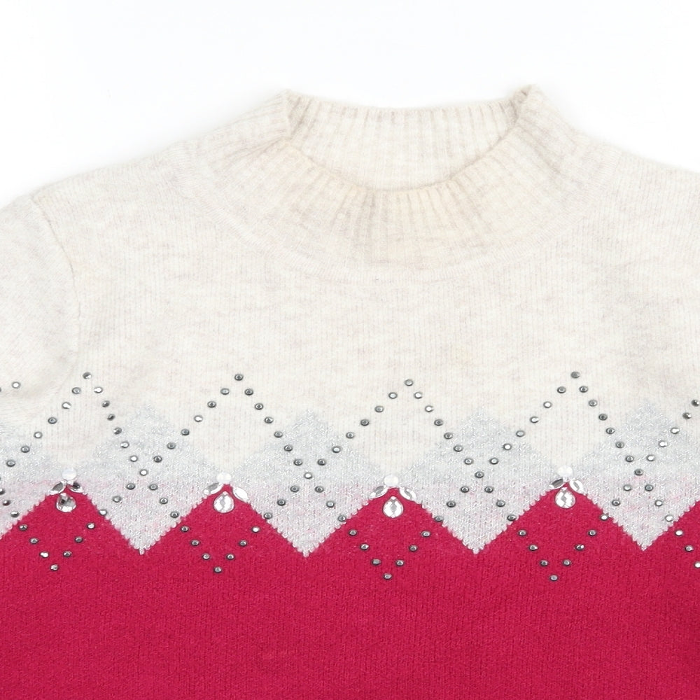 Marks and Spencer Womens Pink High Neck Argyle/Diamond Acrylic Pullover Jumper Size M