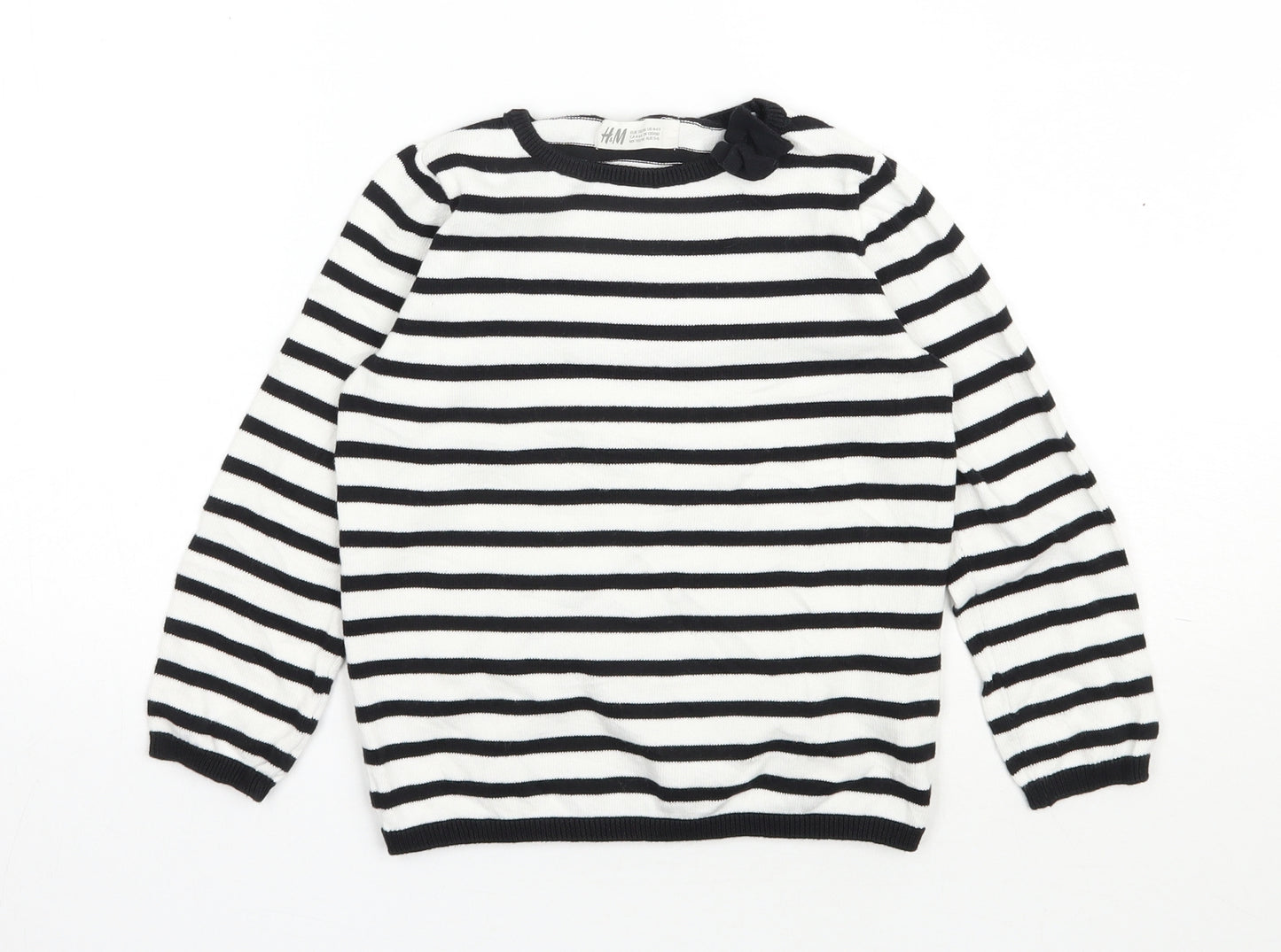 H&M Girls White Round Neck Striped Cotton Pullover Jumper Size 5-6 Years  Pullover