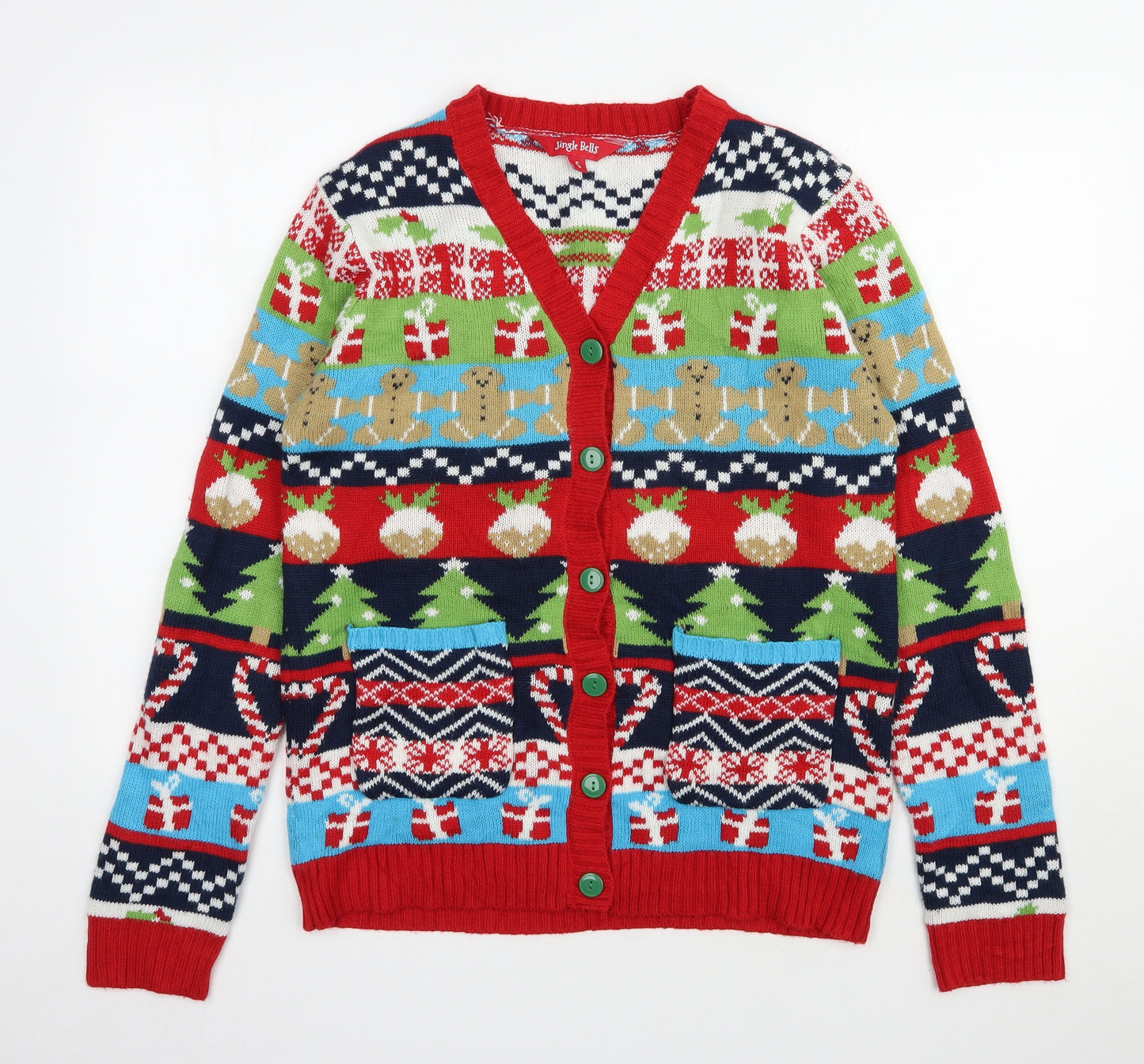 Jingle Bells Womens Multicoloured V-Neck  Acrylic Cardigan Jumper Size S