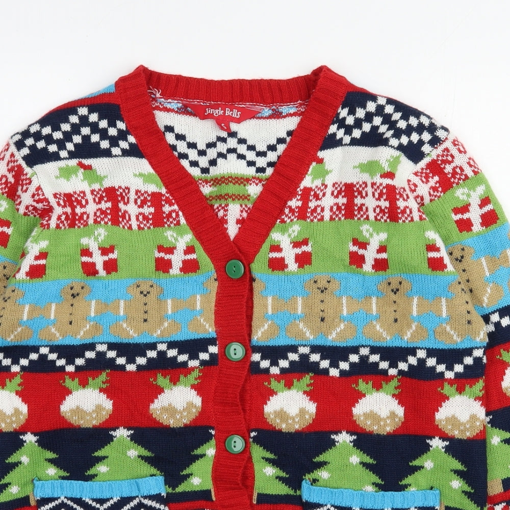 Jingle Bells Womens Multicoloured V-Neck  Acrylic Cardigan Jumper Size S
