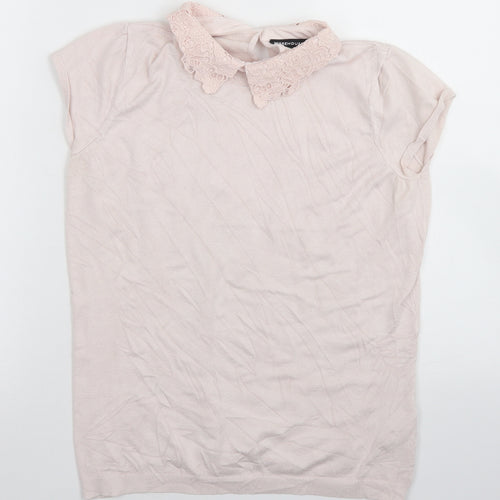 Warehouse Womens Pink  Viscose Basic T-Shirt Size 12 Collared - Lace trim Neckline