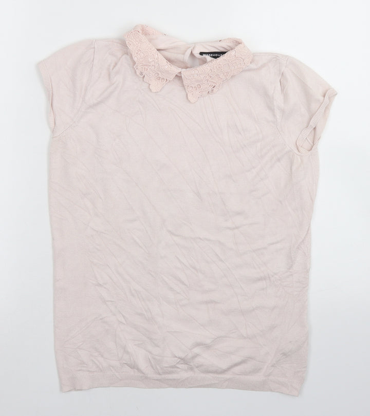 Warehouse Womens Pink  Viscose Basic T-Shirt Size 12 Collared - Lace trim Neckline