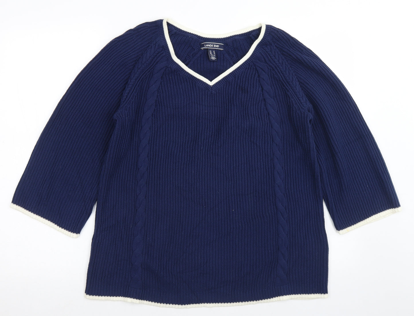 Lands' End Womens Blue V-Neck  Cotton Pullover Jumper Size M