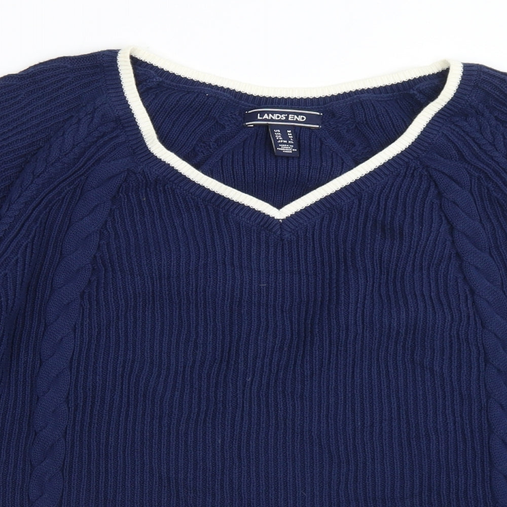 Lands' End Womens Blue V-Neck  Cotton Pullover Jumper Size M