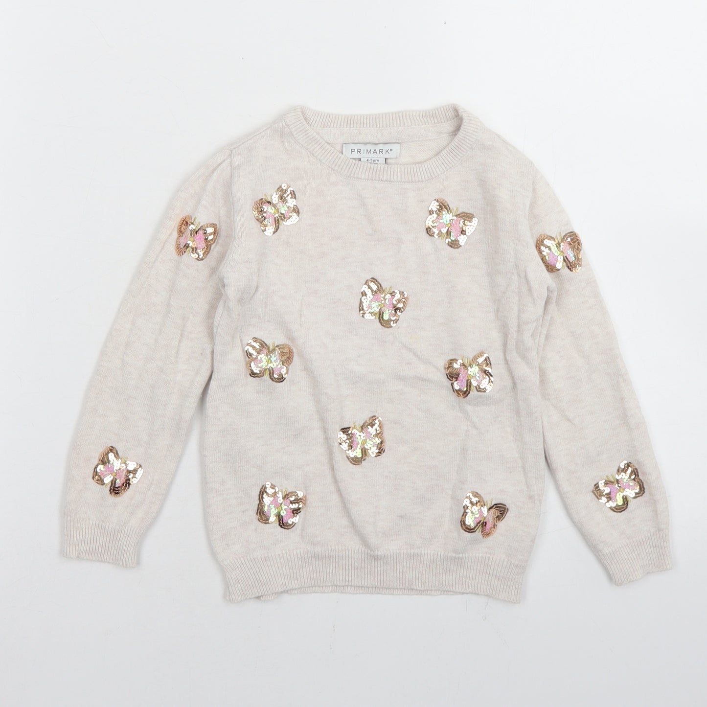 Primark Girls Beige Crew Neck  Cotton Pullover Jumper Size 4-5 Years   - Butterflies