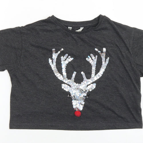 Miss e-vie Girls Grey  Polyester Cropped T-Shirt Size 7-8 Years Crew Neck  - Reindeer Christmas