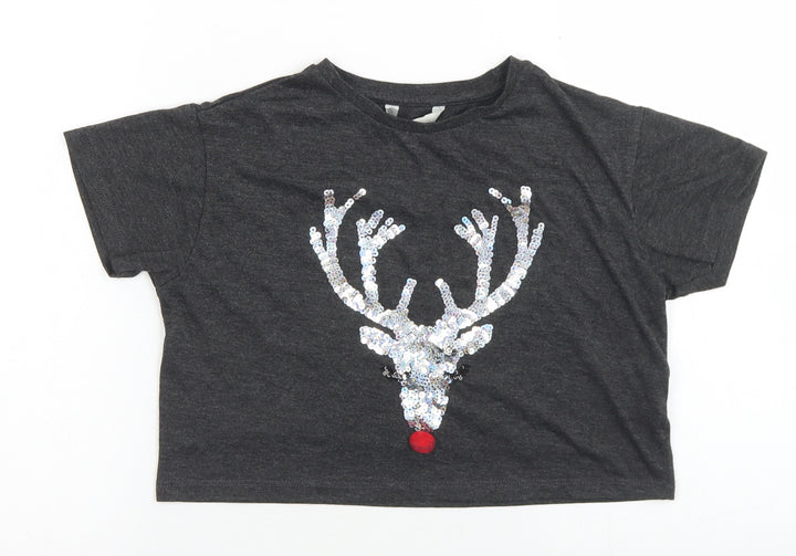 Miss e-vie Girls Grey  Polyester Cropped T-Shirt Size 7-8 Years Crew Neck  - Reindeer Christmas