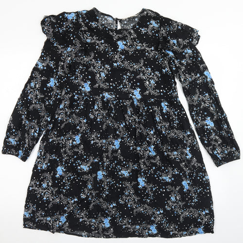 Miss Selfridge Womens Black Floral Viscose Trapeze & Swing  Size 8  Round Neck Button - Smock Dress