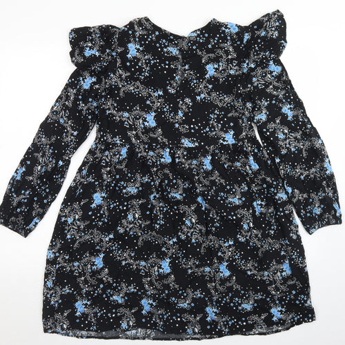 Miss Selfridge Womens Black Floral Viscose Trapeze & Swing  Size 8  Round Neck Button - Smock Dress