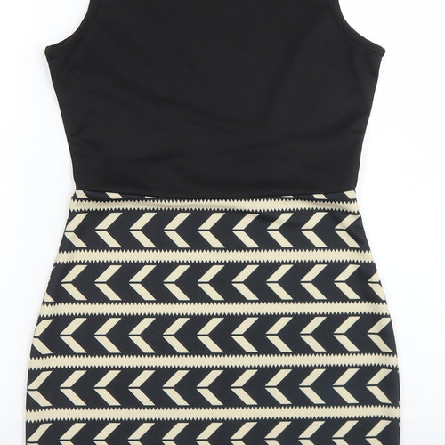 Piao Liang Fu Shi Womens Black Striped Polyester Pencil Dress  Size S  Round Neck